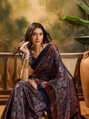 Women's navy blue satin printed saree with unstitched blouse piece 1
