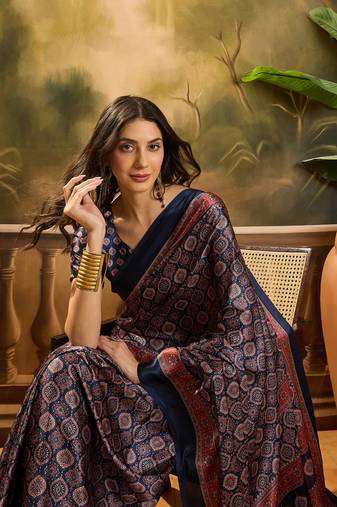 Women's navy blue satin printed saree with unstitched blouse piece