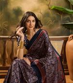 Women's navy blue satin printed saree with unstitched blouse piece