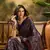 Women's navy blue satin printed saree with unstitched blouse piece