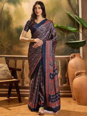 Women's navy blue satin printed saree with unstitched blouse piece 2