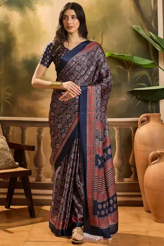 Women's navy blue satin printed saree with unstitched blouse piece