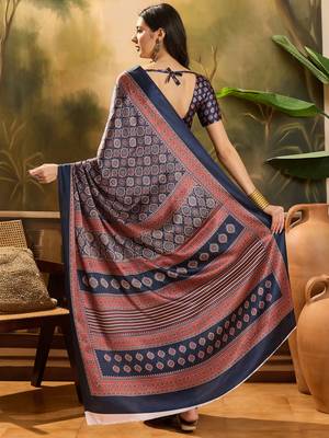 Women's navy blue satin printed saree with unstitched blouse piece 3