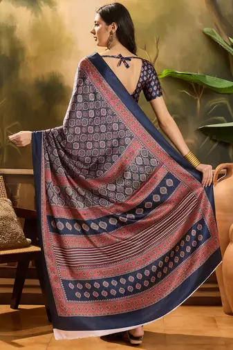 Women's navy blue satin printed saree with unstitched blouse piece