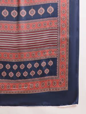 Women's navy blue satin printed saree with unstitched blouse piece 5