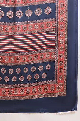 Women's navy blue satin printed saree with unstitched blouse piece