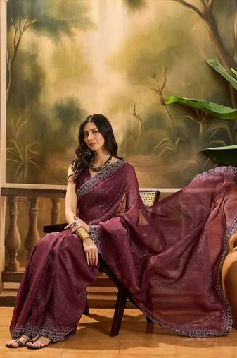 Women's maroon chiffon beads & stone work saree with unstitched blouse piece