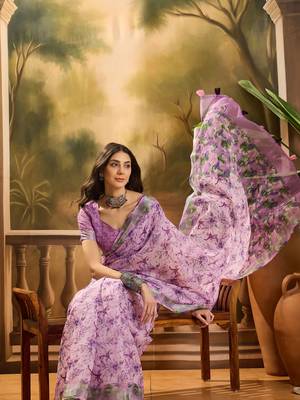 Women's lavender linen printed saree with unstitched blouse piece 1