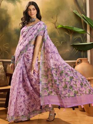 Women's lavender linen printed saree with unstitched blouse piece 2
