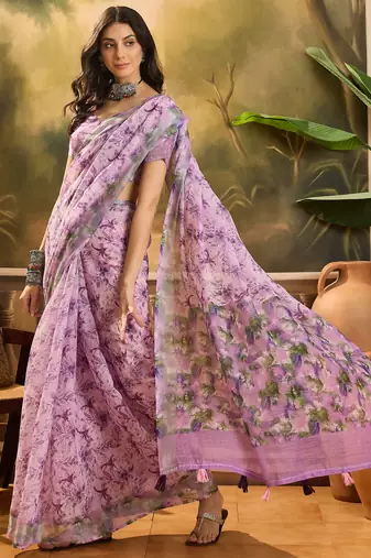 Women's lavender linen printed saree with unstitched blouse piece