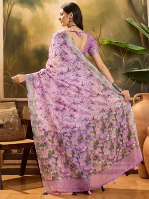 Women's lavender linen printed saree with unstitched blouse piece 3