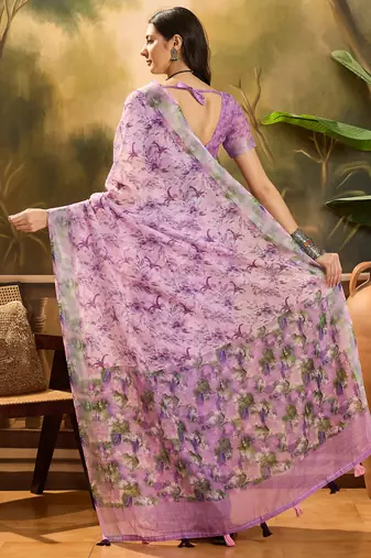 Women's lavender linen printed saree with unstitched blouse piece