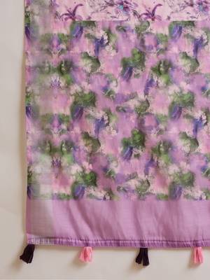 Women's lavender linen printed saree with unstitched blouse piece 5
