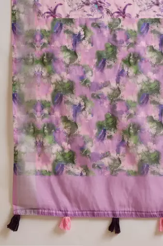 Women's lavender linen printed saree with unstitched blouse piece