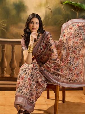 Women's brown linen printed saree with unstitched blouse piece 1