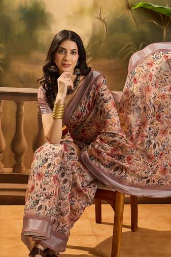 Women's brown linen printed saree with unstitched blouse piece
