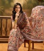 Women's brown linen printed saree with unstitched blouse piece