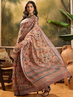 Women's brown linen printed saree with unstitched blouse piece 2