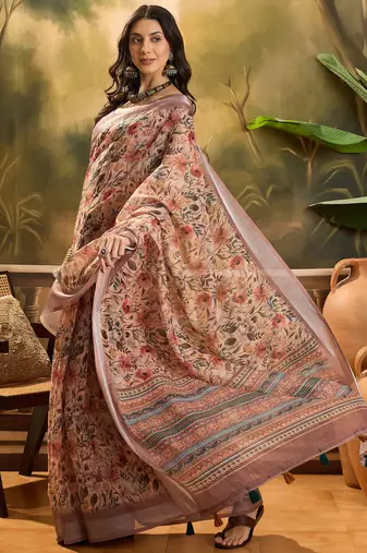 Women's brown linen printed saree with unstitched blouse piece