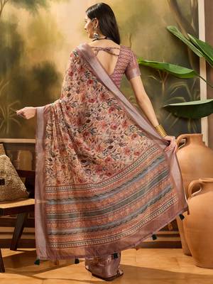 Women's brown linen printed saree with unstitched blouse piece 3