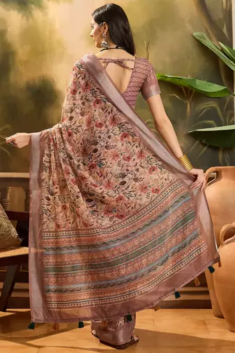 Women's brown linen printed saree with unstitched blouse piece