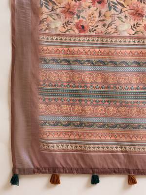 Women's brown linen printed saree with unstitched blouse piece 5