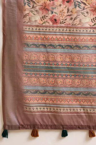 Women's brown linen printed saree with unstitched blouse piece