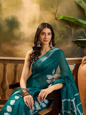 Women's teal linen printed saree with unstitched blouse piece 1