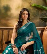 Women's teal linen printed saree with unstitched blouse piece