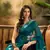 Women's teal linen printed saree with unstitched blouse piece