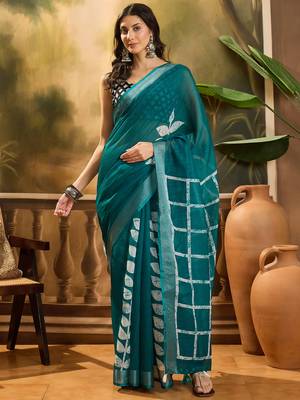 Women's teal linen printed saree with unstitched blouse piece 2