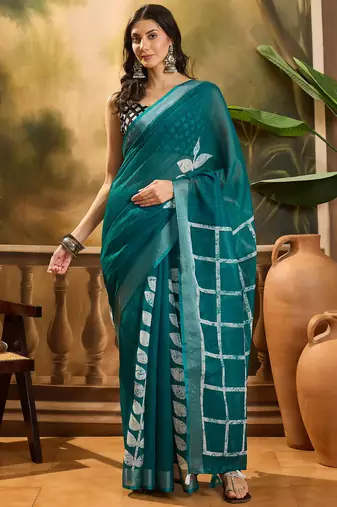 Women's teal linen printed saree with unstitched blouse piece