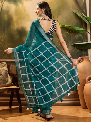 Women's teal linen printed saree with unstitched blouse piece 3