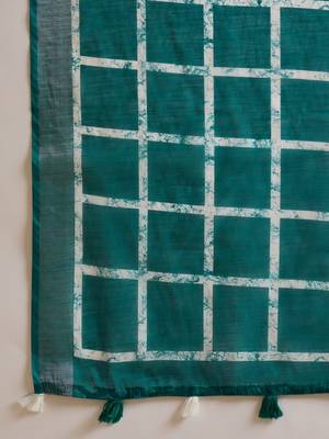 Women's teal linen printed saree with unstitched blouse piece 5