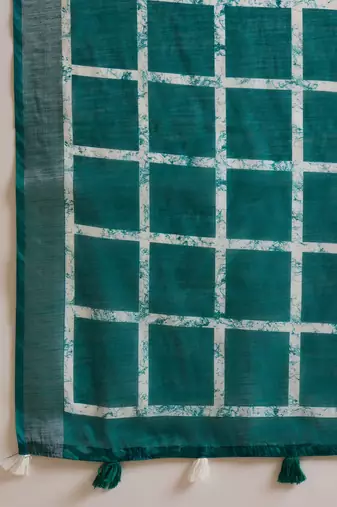 Women's teal linen printed saree with unstitched blouse piece