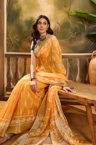 Women's orange linen printed saree with unstitched blouse piece