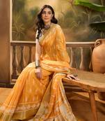 Women's orange linen printed saree with unstitched blouse piece