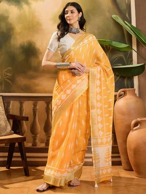 Women's orange linen printed saree with unstitched blouse piece 2