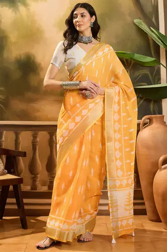 Women's orange linen printed saree with unstitched blouse piece