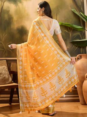 Women's orange linen printed saree with unstitched blouse piece 3