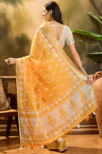 Women's orange linen printed saree with unstitched blouse piece