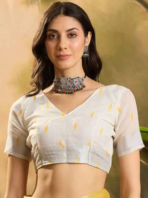 Women's orange linen printed saree with unstitched blouse piece 4