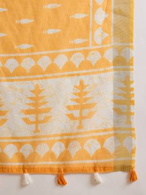 Women's orange linen printed saree with unstitched blouse piece 5