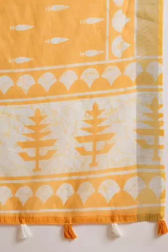 Women's orange linen printed saree with unstitched blouse piece