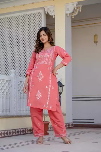 Coral embroidered straight kurta with trouser