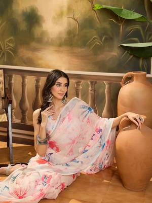 Women's off-white linen printed saree with unstitched blouse piece 1