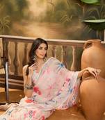 Women's off-white linen printed saree with unstitched blouse piece