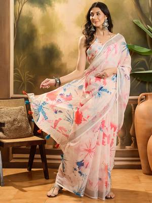 Women's off-white linen printed saree with unstitched blouse piece 2