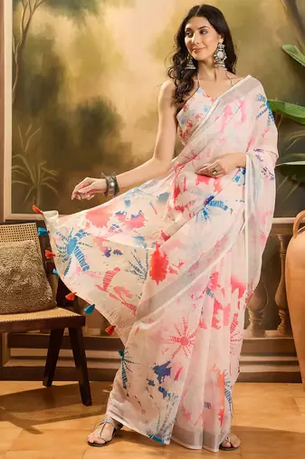 Women's off-white linen printed saree with unstitched blouse piece