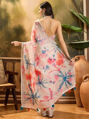 Women's off-white linen printed saree with unstitched blouse piece 3